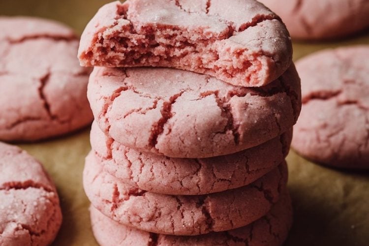 A stack of pink strawberry sugar cookies with a bite taken out of the top cookie, arranged on a brown parchment paper background, showcasing a close-up view of the soft texture of the cookie.