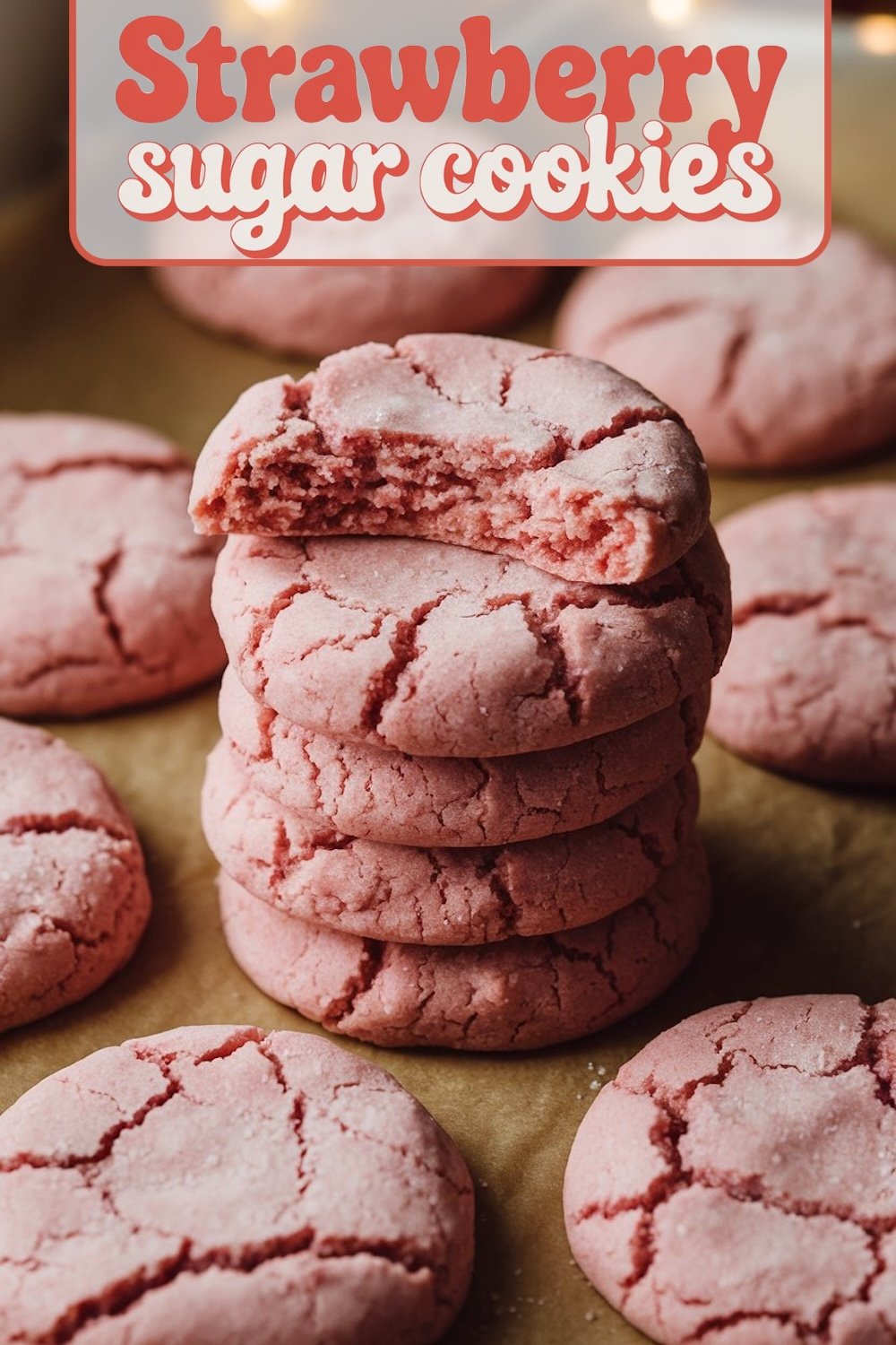 A stack of pink strawberry sugar cookies with a bite taken out of the top cookie, arranged on a brown parchment paper background, showcasing a close-up view of the soft texture of the cookie.