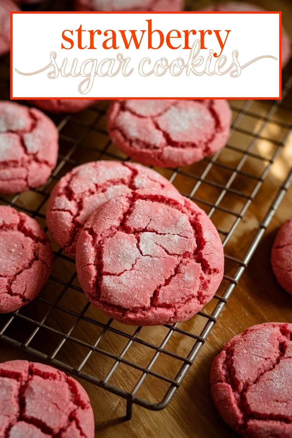 A wire cooling rack holding strawberry sugar cookies with sugar dusting on top, highlighted by natural lighting in a close-up view, emphasizing their crackled texture.