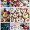 A collage of Taylor Swift-themed cupcakes, featuring designs from her albums such as "Reputation," "Red," and "Folklore," along with cupcakes decorated with her portrait, initials "TS," lipstick designs, cats, stars, and musical notes. Each set of cupcakes is uniquely crafted with vibrant frosting, fondant toppers, and detailed decorations.