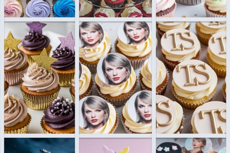 A collage of Taylor Swift-themed cupcakes, featuring designs from her albums such as "Reputation," "Red," and "Folklore," along with cupcakes decorated with her portrait, initials "TS," lipstick designs, cats, stars, and musical notes. Each set of cupcakes is uniquely crafted with vibrant frosting, fondant toppers, and detailed decorations.