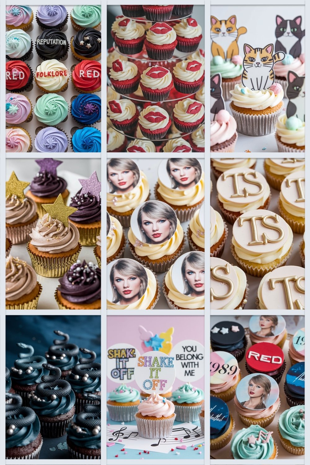 A collage of Taylor Swift-themed cupcakes, featuring designs from her albums such as "Reputation," "Red," and "Folklore," along with cupcakes decorated with her portrait, initials "TS," lipstick designs, cats, stars, and musical notes. Each set of cupcakes is uniquely crafted with vibrant frosting, fondant toppers, and detailed decorations.