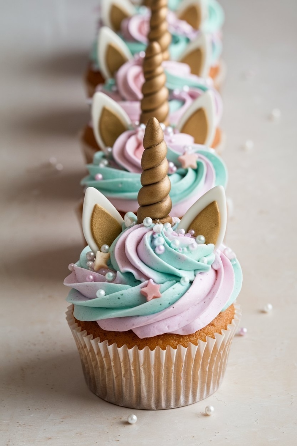 a row of pastel-colored unicorn cupcakes with golden horns, white fondant ears and swirled frosting in shades of pink, blue and lavender, topped with edible pearls and star sprinkles