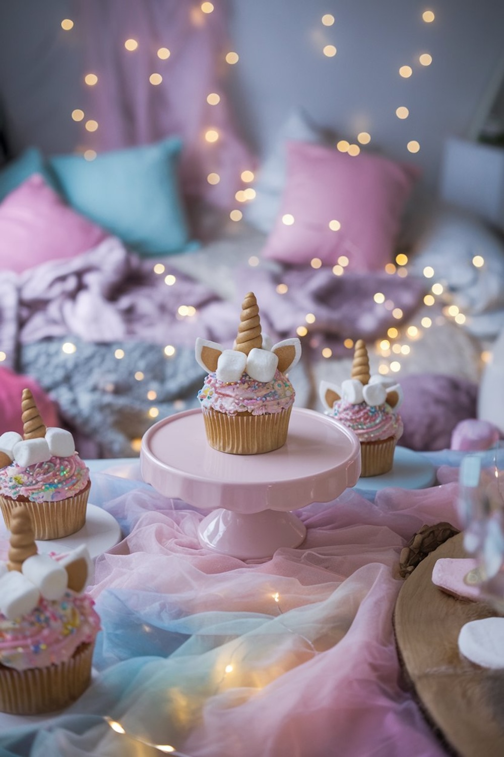 Unicorn cupcakes with golden horns, marshmallow ears, and pink frosting, arranged on a pastel-colored table with fairy lights and blankets in the background.
