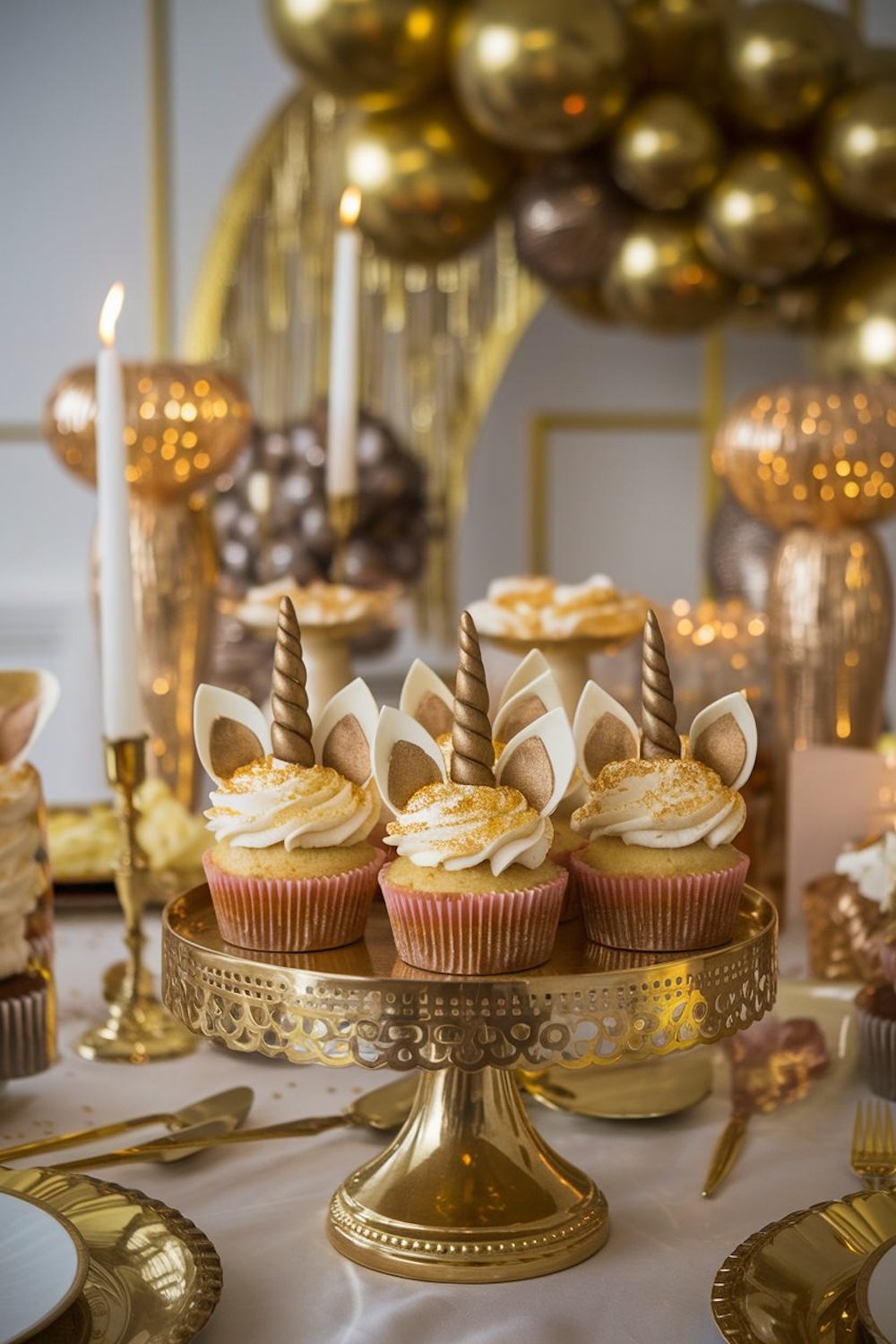 Elegant unicorn cupcakes with golden horns and ears, topped with gold glitter and set on a gold cake stand in a lavish party setting with candles and gold balloons.
