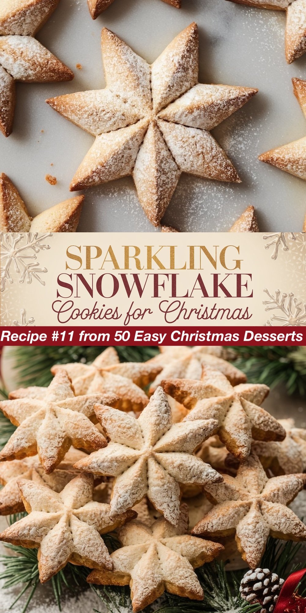 Recipe #11 from 50 Easy Christmas Desserts. These stunning Sparkling Snowflake Cookies feature a delicate snowflake shape, dusted with powdered sugar. The top view focuses on the crisp, symmetrical design of each cookie, while the bottom view highlights a pile of cookies with a dusting of sugar, making them a delightful addition to any lineup of easy Christmas sweets.
