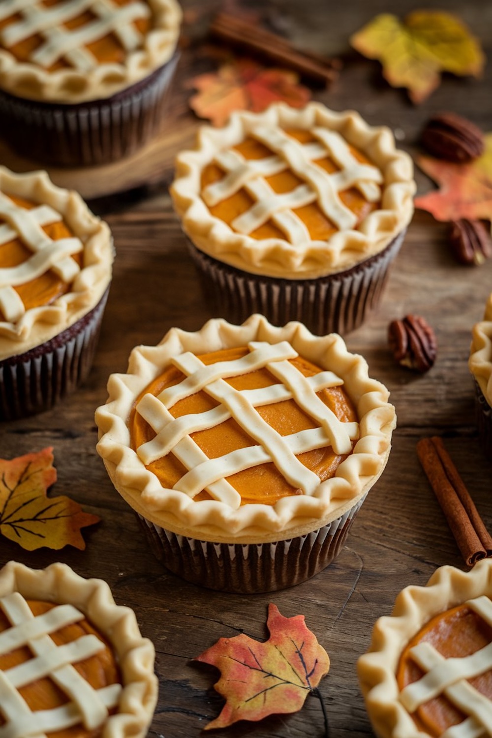 Pumpkin pie-inspired cupcakes with a fondant lattice pie crust on top, displayed on a wooden table with autumn leaves and cinnamon sticks scattered around.

