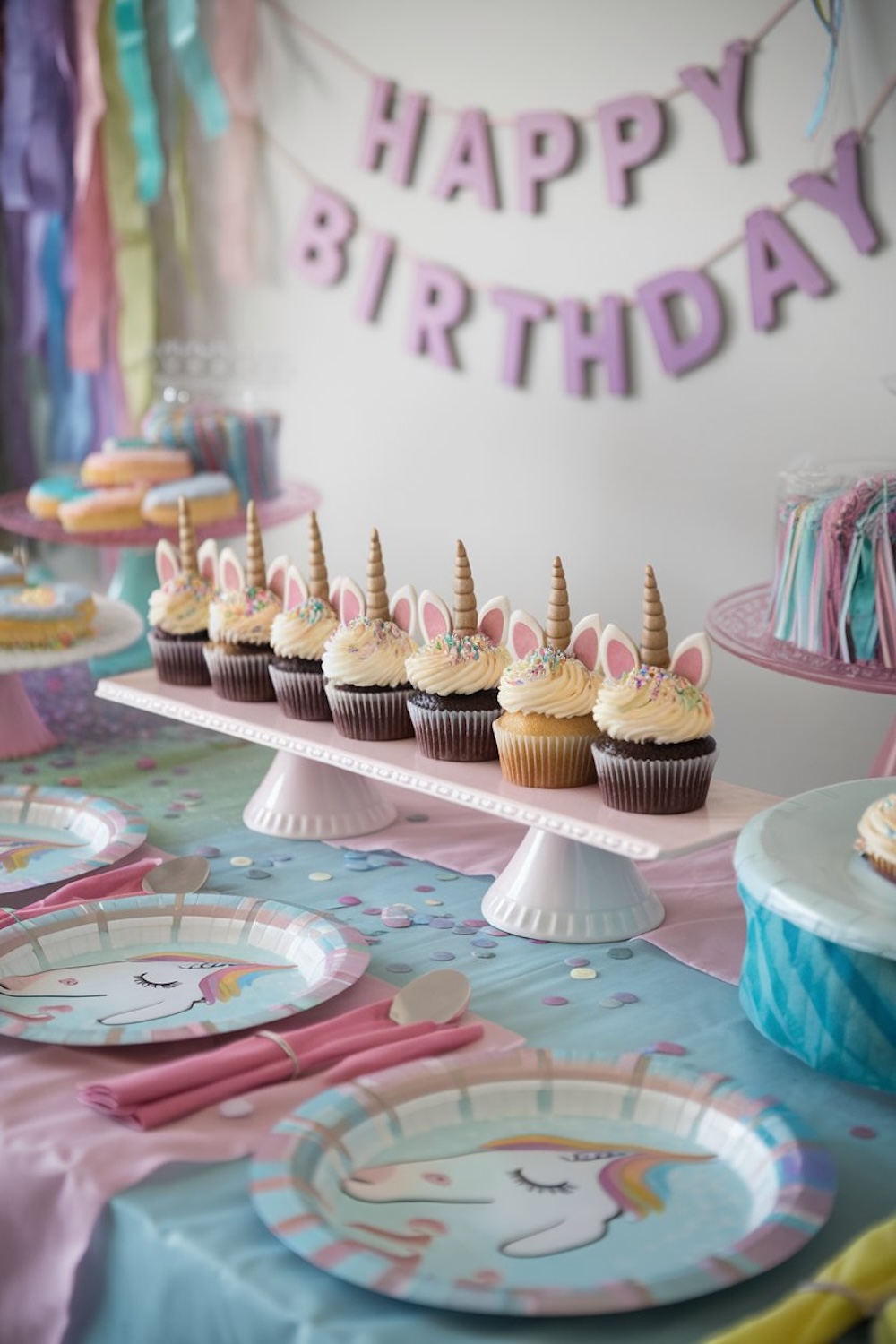 Unicorn cupcakes with pastel swirled frosting and golden horns, displayed on a birthday table with a "Happy Birthday" banner and pastel unicorn-themed party plates.
