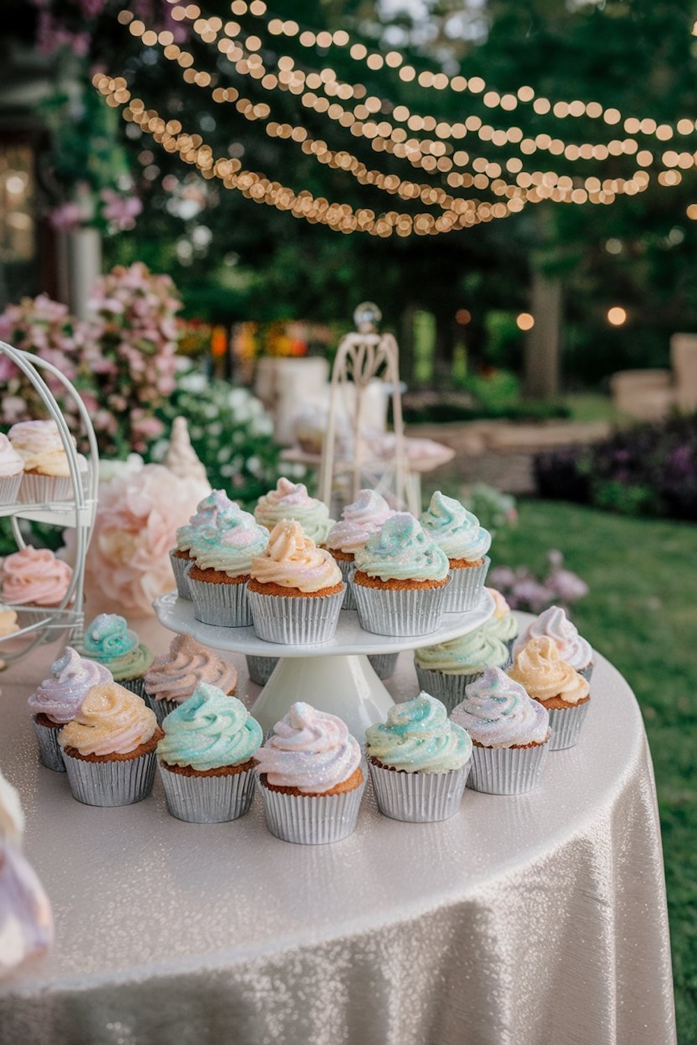 A display of pastel-colored unicorn cupcakes with swirled frosting, set outdoors on a garden table with string lights overhead.