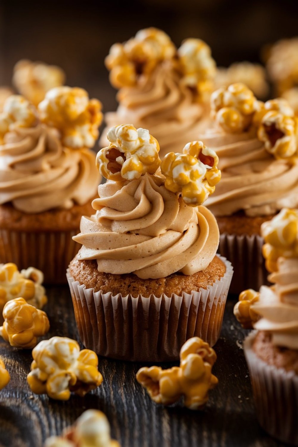 Caramel cupcakes topped with buttercream frosting and caramel popcorn, arranged on a dark wooden surface surrounded by scattered caramel popcorn.