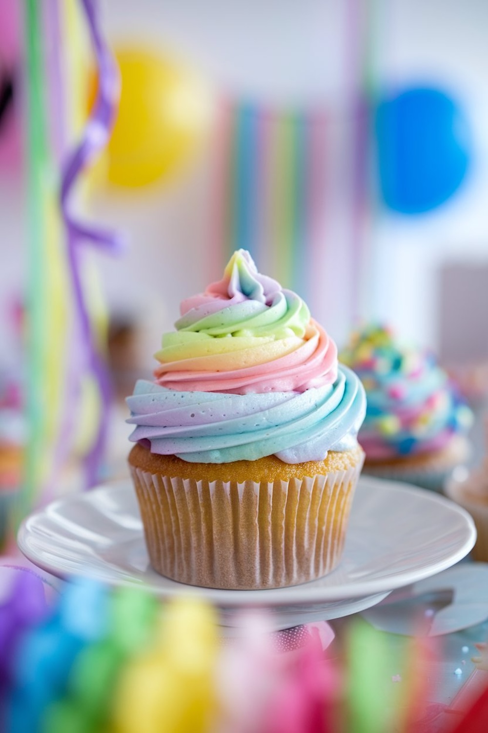 A single unicorn cupcake with rainbow swirled frosting, topped with a golden horn, displayed on a white plate at a colorful party setup with balloons in the background.