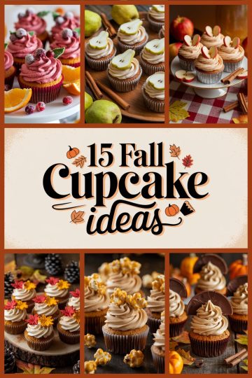 Collage of 15 fall cupcakes featuring various autumn-themed flavors like cranberry orange, pear cinnamon, apple cinnamon, maple leaf, caramel popcorn, and chocolate pumpkin.