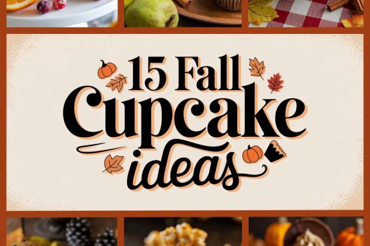 Collage of 15 fall cupcakes featuring various autumn-themed flavors like cranberry orange, pear cinnamon, apple cinnamon, maple leaf, caramel popcorn, and chocolate pumpkin.