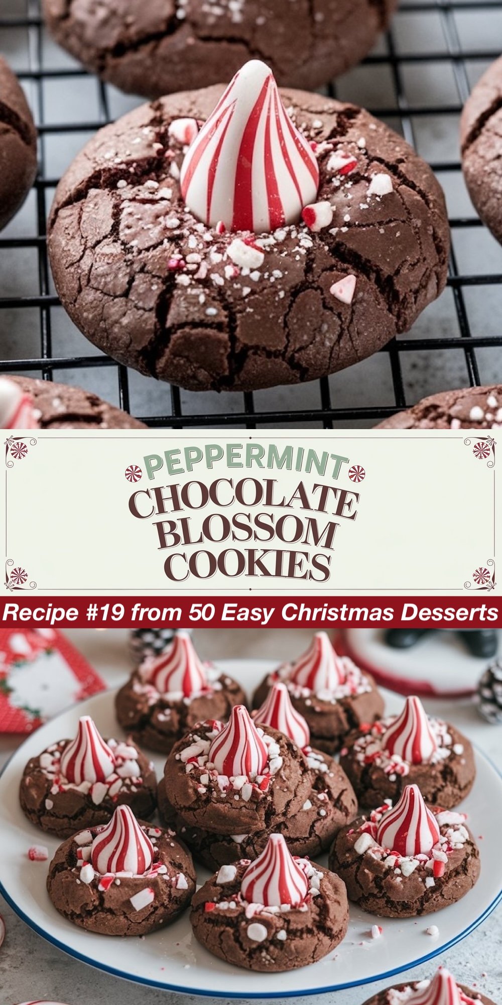 Recipe #19 from 50 Easy Christmas Desserts. These festive Peppermint Chocolate Blossom Cookies combine a soft chocolate base with a peppermint candy cane Hershey's kiss on top. The top view shows the cracked chocolate surface dusted with crushed peppermint, while the bottom view presents a batch of cookies on a serving plate, perfect for holiday cookie swaps and easy Christmas cookies.