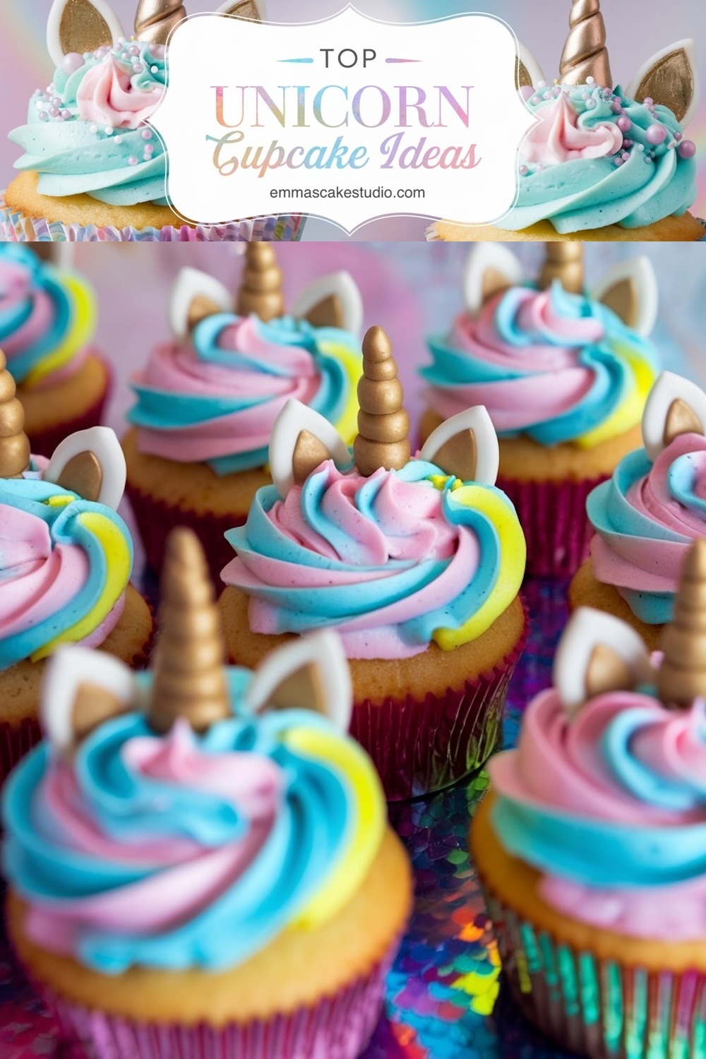 Unicorn cupcakes with golden horns and rainbow swirled frosting in shades of pink, blue, and yellow, displayed on a shimmering surface with pastel party decorations.

