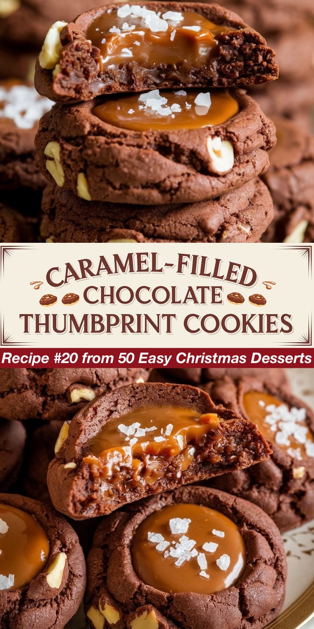 Recipe #20 from 50 Easy Christmas Desserts. These rich Caramel-Filled Chocolate Thumbprint Cookies feature a gooey caramel center sprinkled with sea salt, nestled inside a soft chocolate cookie studded with white chocolate chips. The top view highlights the glistening caramel, while the bottom view reveals the fudgy texture of the cookie. A decadent option for those seeking easy Christmas dessert recipes.