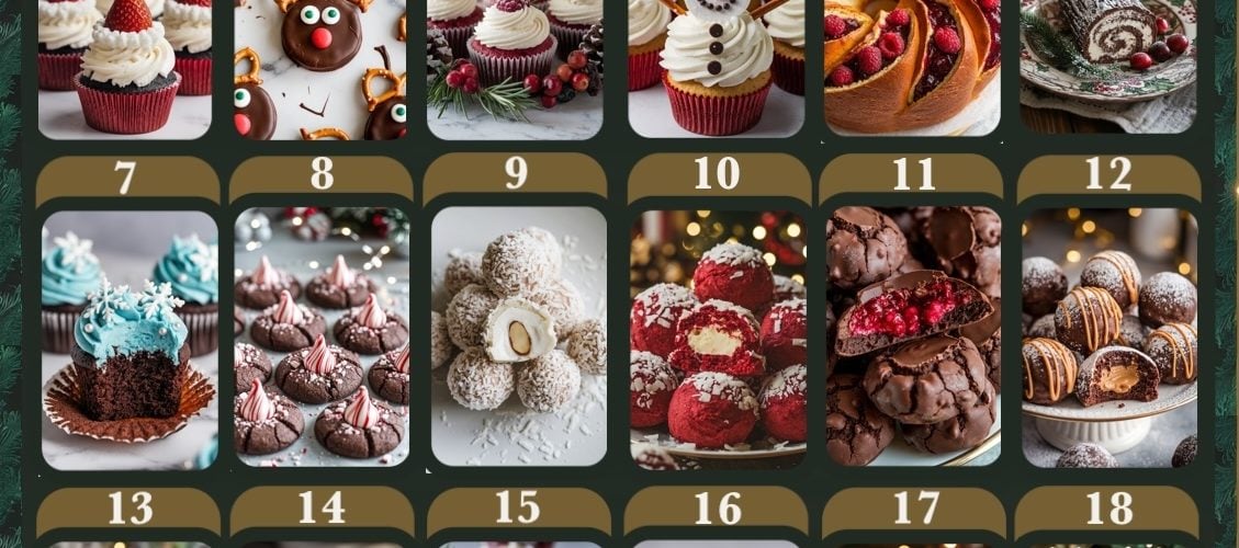 24 Days of Christmas Desserts" advent calendar featuring festive treats like strawberry-topped cupcakes, reindeer truffles, snowman cupcakes, cranberry swirl bread, Yule log, peppermint blossoms, coconut snowballs, raspberry cream puffs, gingerbread cupcakes, Santa macarons, and more. Perfect for holiday baking inspiration. Christmas desserts, holiday treats, festive cupcakes, Christmas cookies, advent calendar.