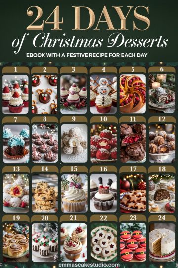 24 Days of Christmas Desserts" advent calendar featuring festive treats like strawberry-topped cupcakes, reindeer truffles, snowman cupcakes, cranberry swirl bread, Yule log, peppermint blossoms, coconut snowballs, raspberry cream puffs, gingerbread cupcakes, Santa macarons, and more. Perfect for holiday baking inspiration. Christmas desserts, holiday treats, festive cupcakes, Christmas cookies, advent calendar.