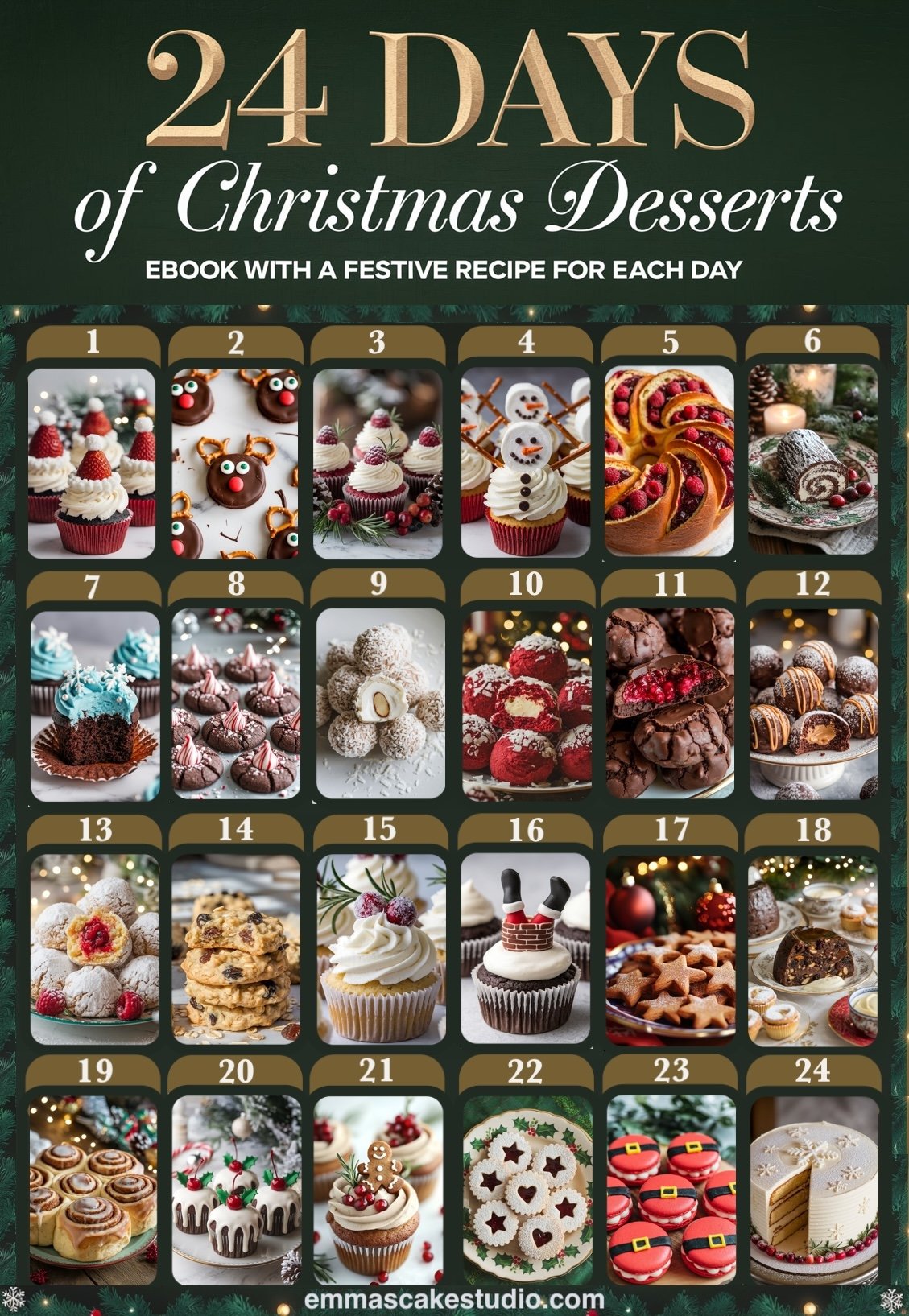 24 Days of Christmas Desserts" advent calendar featuring festive treats like strawberry-topped cupcakes, reindeer truffles, snowman cupcakes, cranberry swirl bread, Yule log, peppermint blossoms, coconut snowballs, raspberry cream puffs, gingerbread cupcakes, Santa macarons, and more. Perfect for holiday baking inspiration. Christmas desserts, holiday treats, festive cupcakes, Christmas cookies, advent calendar.