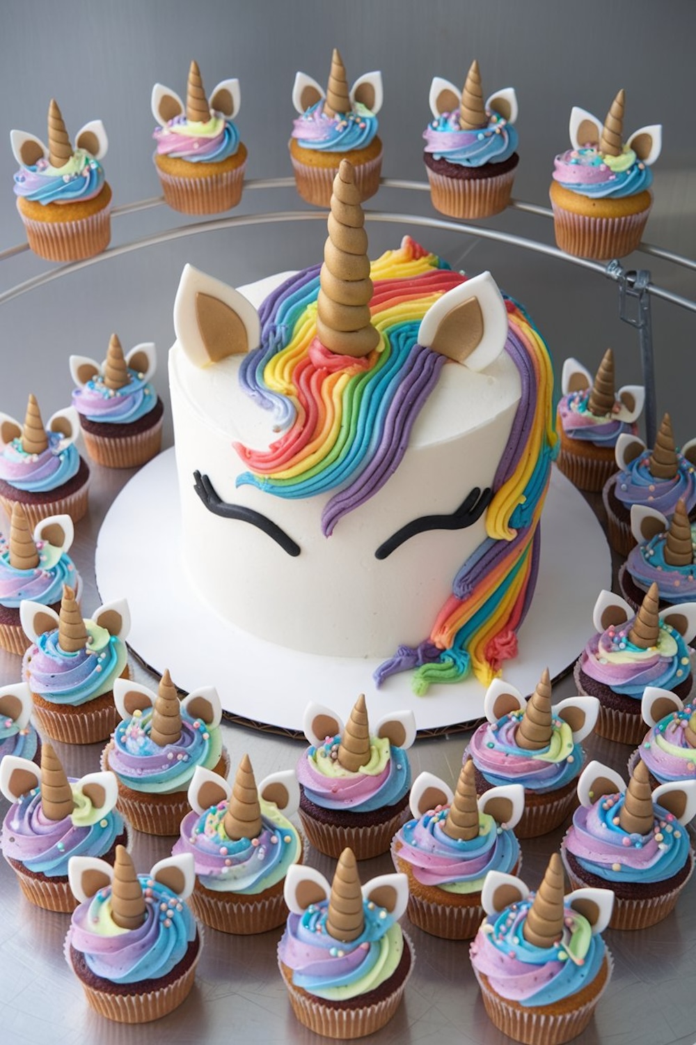A large unicorn cake with a rainbow mane, golden horn, and fondant ears, surrounded by mini unicorn cupcakes with golden horns and rainbow swirled frosting.
