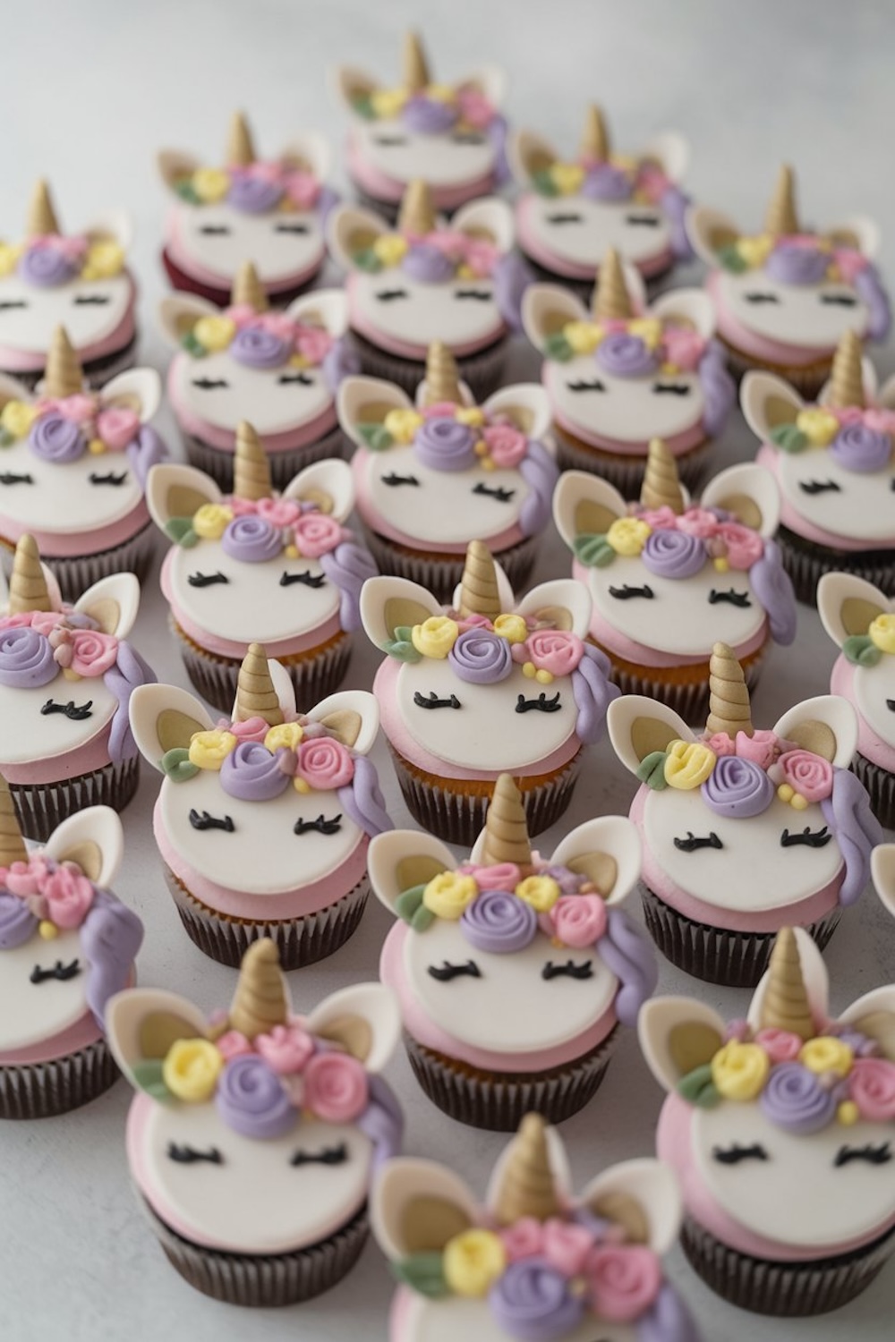 Unicorn cupcakes with closed eyes, golden horns, and pastel-colored fondant flowers, arranged neatly in rows for a floral-themed party.

