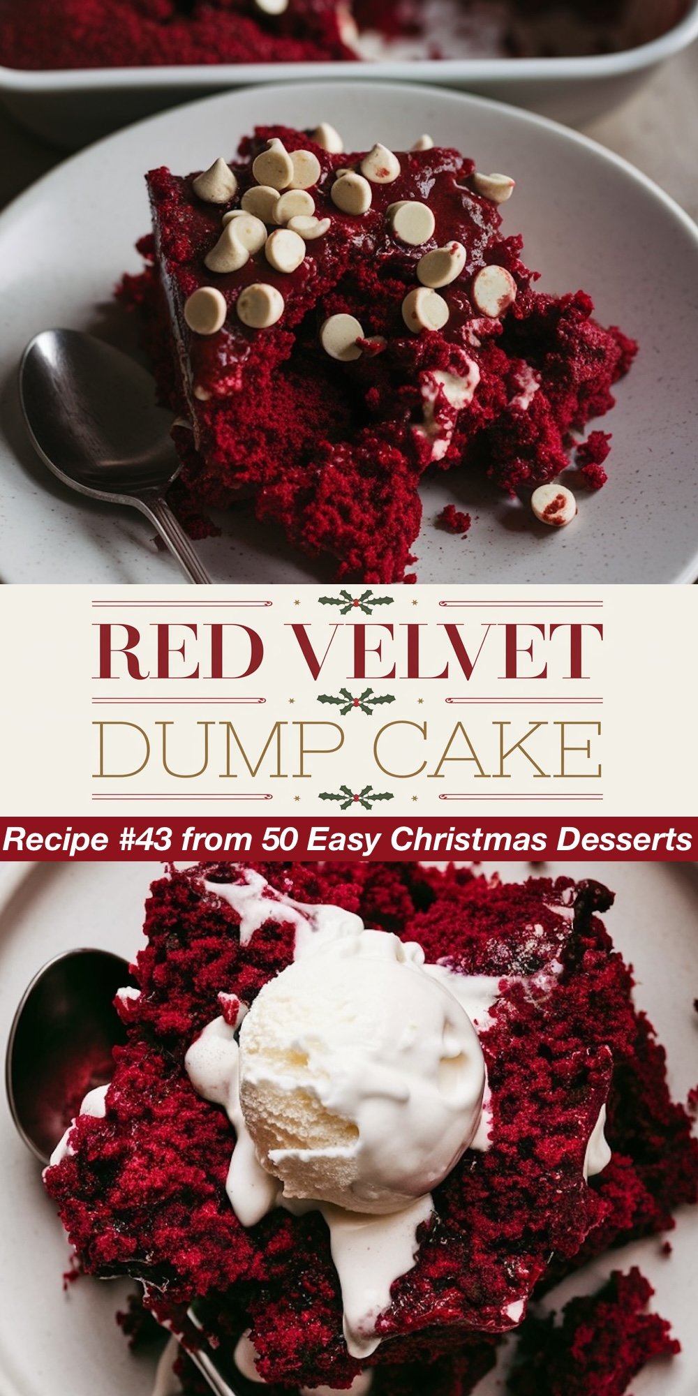 Recipe #43 from 50 Easy Christmas Desserts. A red velvet dump cake topped with white chocolate chips, served on a white plate. The top view highlights the rich, deep red color and the scattered chips, while the bottom view shows the moist cake paired with a scoop of melting vanilla ice cream. A festive and easy Christmas dessert recipe.