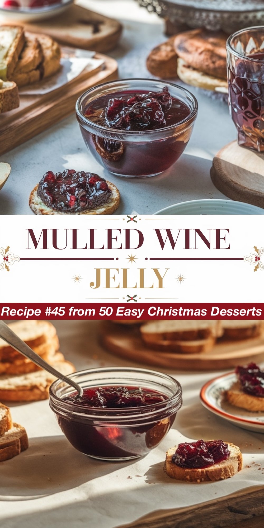 Recipe #45 from 50 Easy Christmas Desserts. A mulled wine jelly served in a small dish, with vibrant colors that evoke the flavors of warm spices and wine. The top view captures the deep, rich color of the jelly, while the bottom view showcases the spread on toast, offering a unique and easy Christmas dessert recipe.