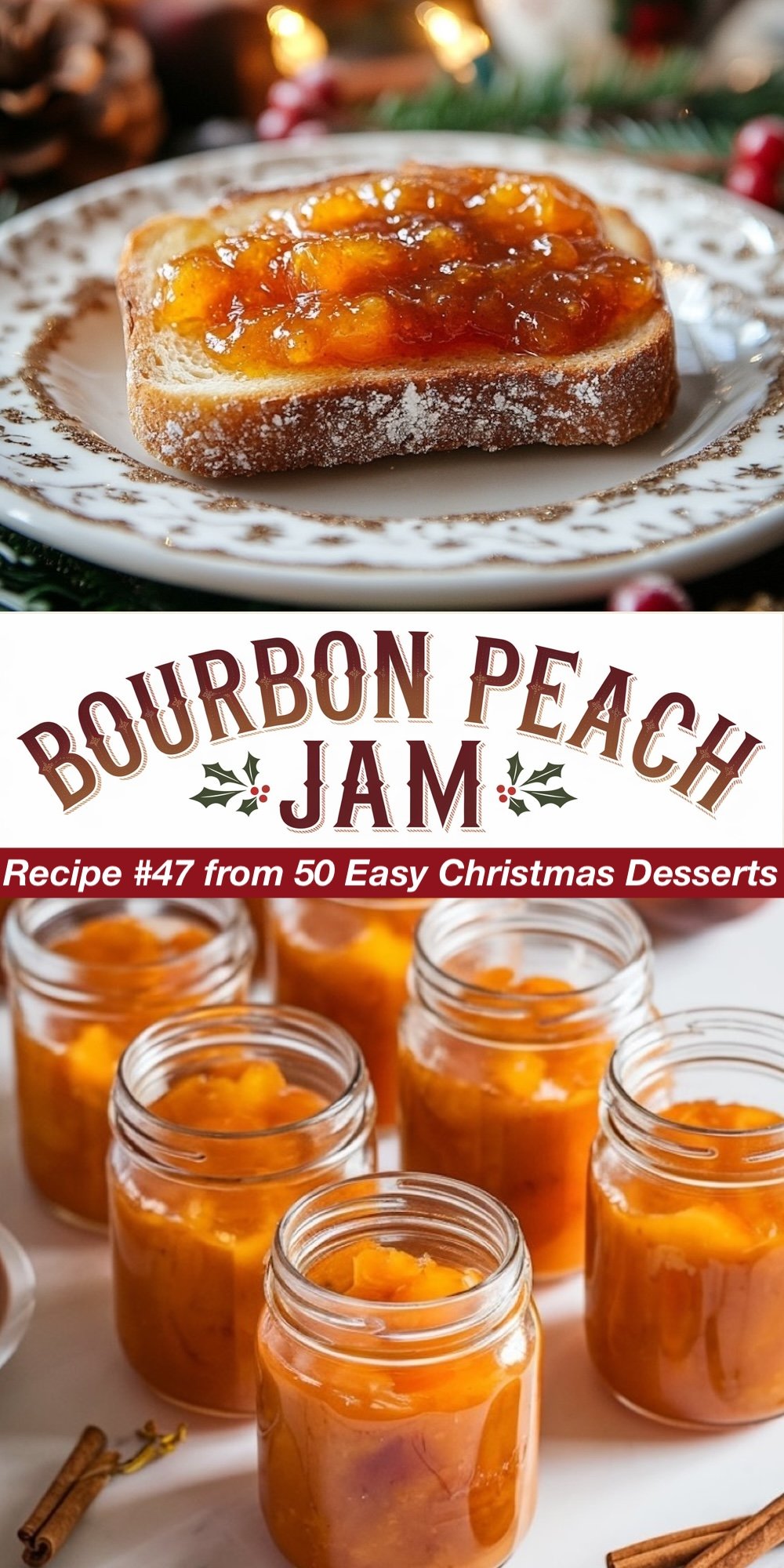Recipe #47 from 50 Easy Christmas Desserts. A slice of toast topped with glossy bourbon peach jam, showcasing the jam’s golden hues and rich texture. The bottom view shows jars of this sweet, slightly boozy jam, perfect for gifting during the holidays. Addition to your list of easy Christmas treats and spreads.