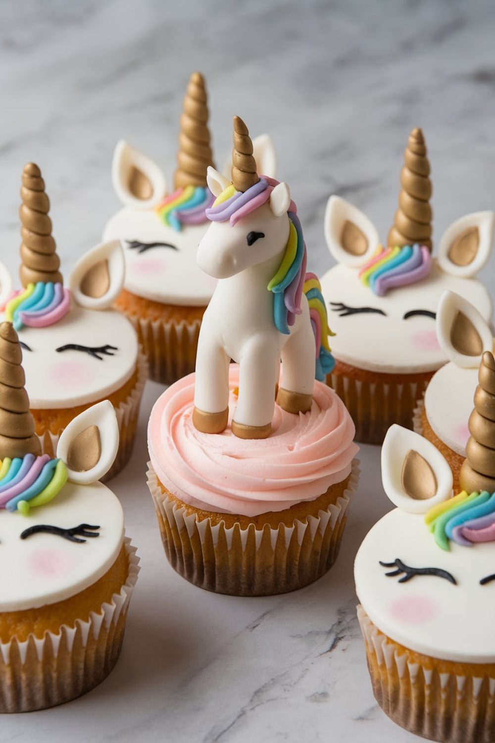  A fondant unicorn figure standing atop a cupcake with pink frosting, surrounded by other unicorn cupcakes with golden horns and rainbow-colored hair.
