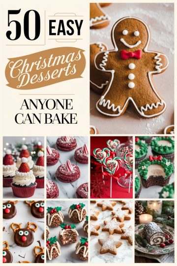 Cover of 50 Easy Christmas Desserts: Gingerbread Cookies, Cupcakes, and Holiday Treats Anyone Can Bake This festive cover from the article "50 It includes a gingerbread man cookie, strawberry Santa cupcakes, red velvet cookies with candy cane kisses, Christmas cake pops, and wreath cupcakes. Also featured are chocolate-dipped reindeer cookies, mini holiday bundt cakes, powdered star cookies, and a yule log cake. Easy Christmas dessert recipes, cookies, and sweets.
