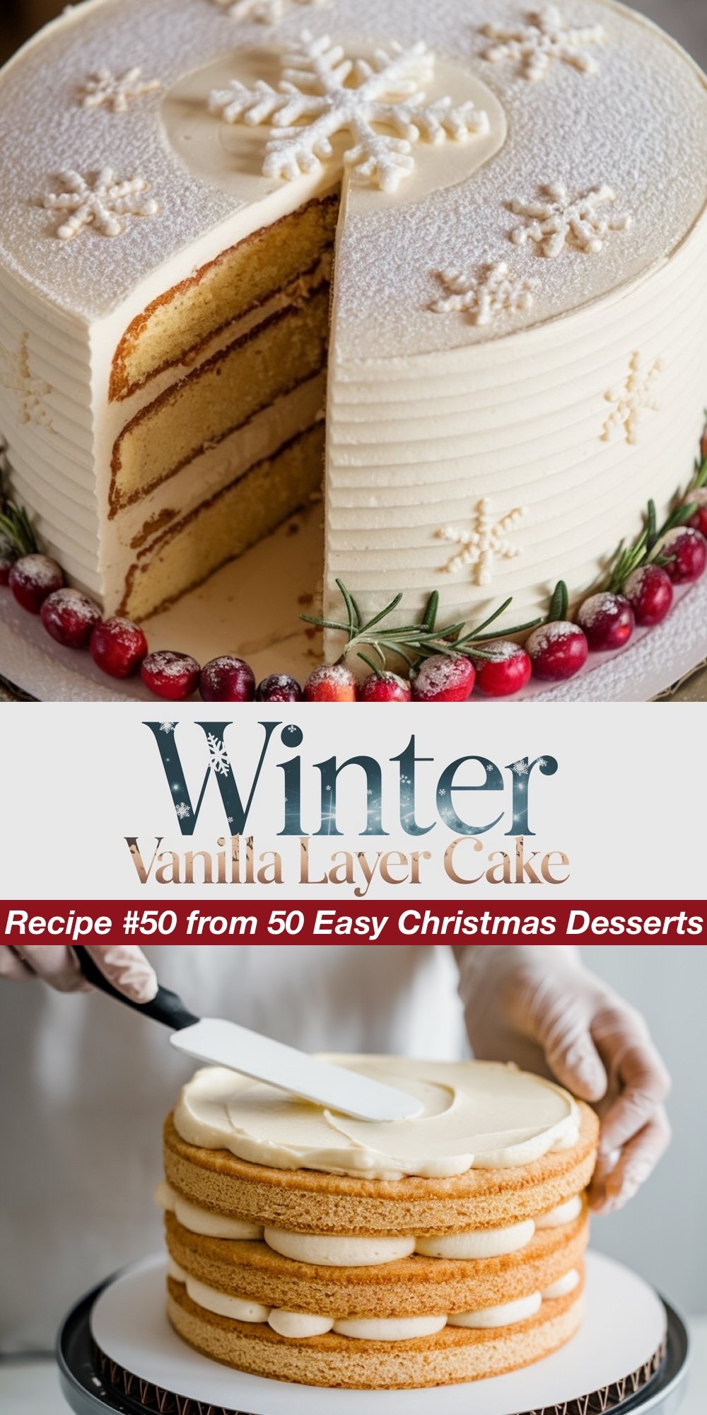Recipe #50 from 50 Easy Christmas Desserts. A frosted winter vanilla layer cake with snowflake decorations dusted in powdered sugar. The top view showcases the intricate snowflakes, while the bottom view shows the layering process, with smooth vanilla buttercream between each moist cake layer. A stunning centerpiece among easy Christmas dessert recipes.