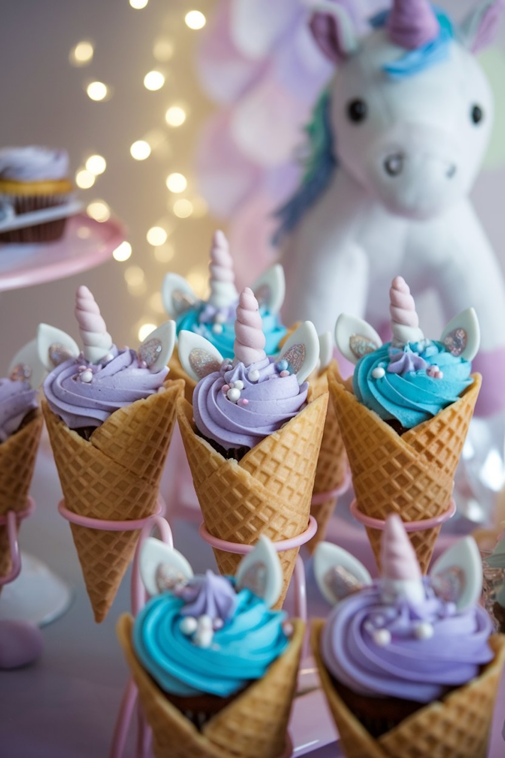 Unicorn cupcakes served in waffle cones with pastel swirled frosting, topped with fondant horns and ears, arranged in a playful display with fairy lights in the background.
