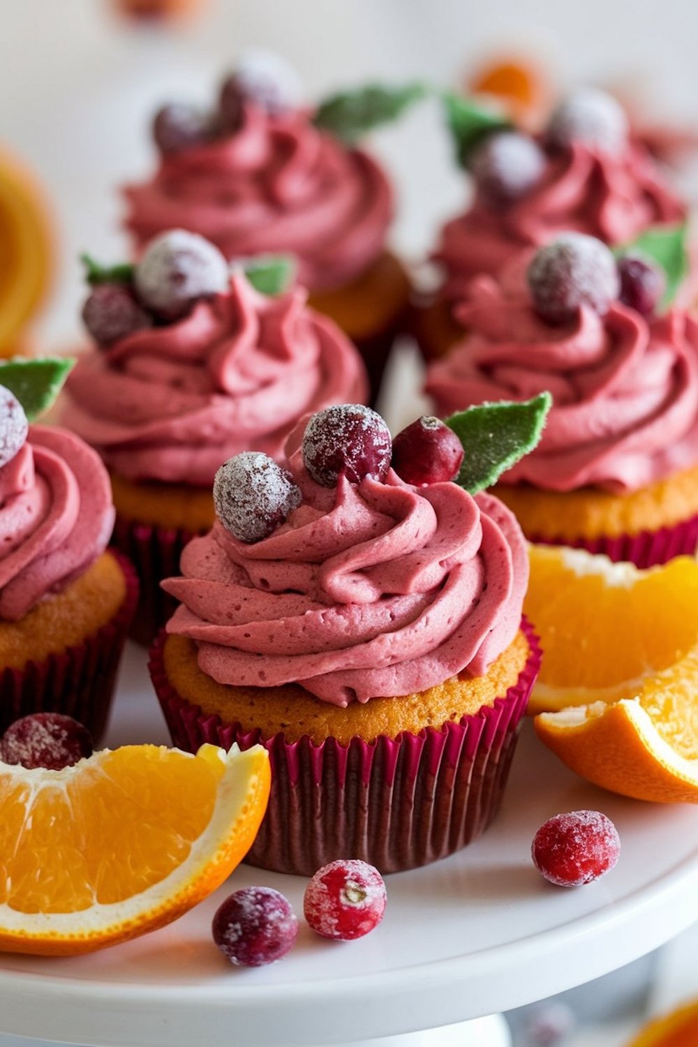Bright cranberry-orange cupcakes with cranberry-infused buttercream frosting, topped with sugared cranberries and orange slices, sitting on a white cake stand surrounded by oranges and cranberries.