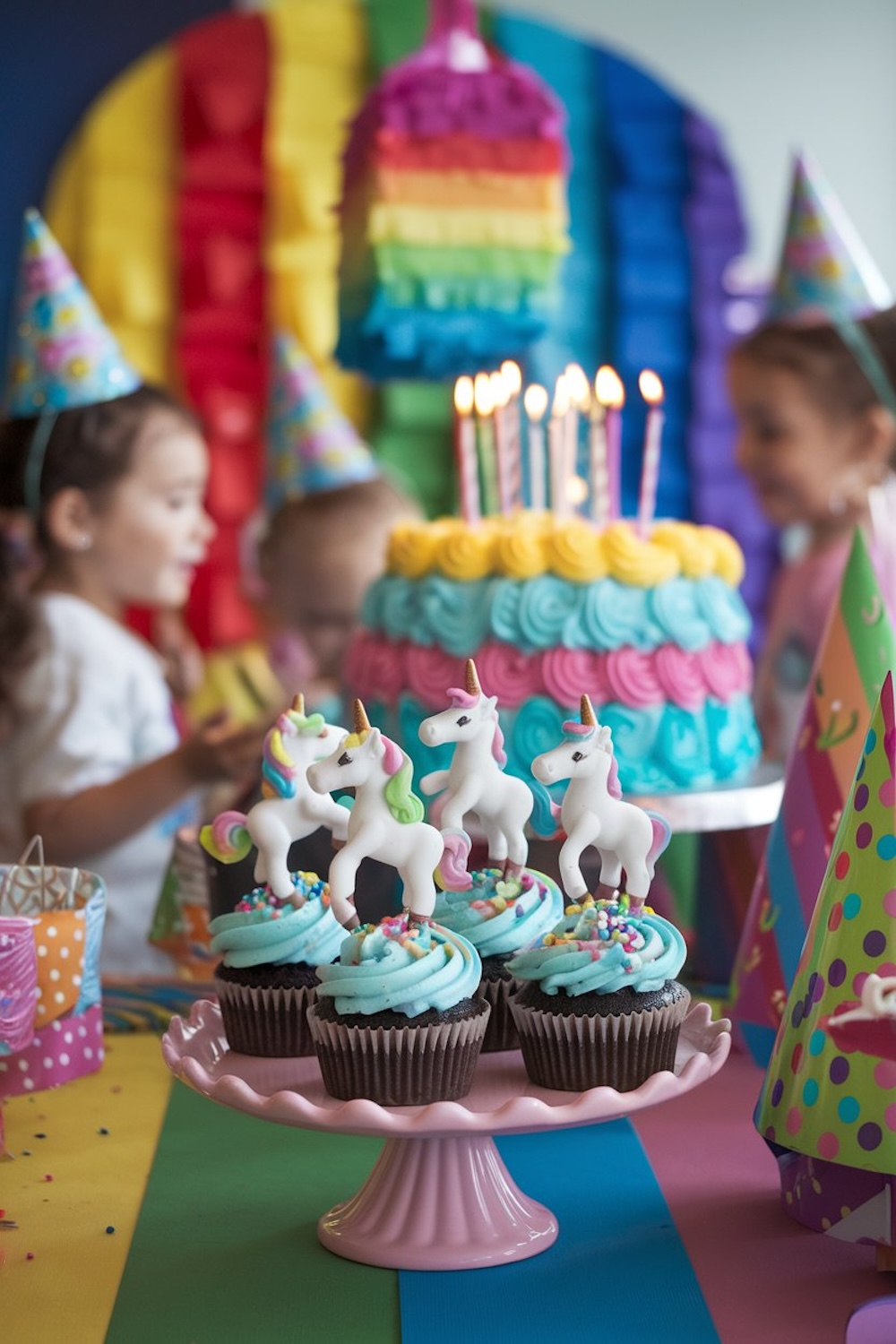 Unicorn cupcakes with fondant unicorn figures and blue frosting, displayed on a pink stand at a colorful birthday party with children in the background.
