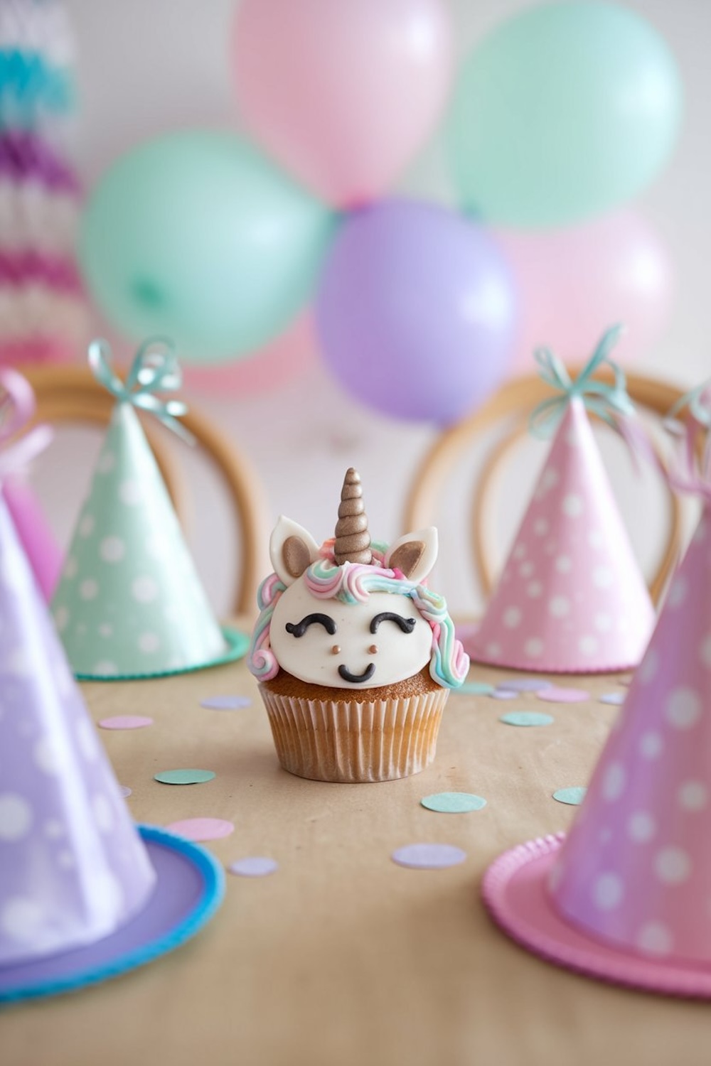 A cute unicorn cupcake with closed eyes, rainbow pastel hair, and a golden horn, surrounded by pastel-colored party hats and balloons.