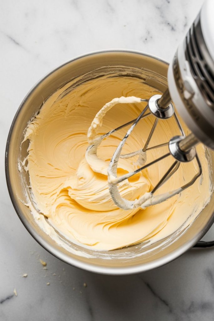 A stainless steel mixing bowl with a creamy, smooth whipped frosting being prepared using a mixer, showcasing a rich and fluffy texture on a marble countertop.