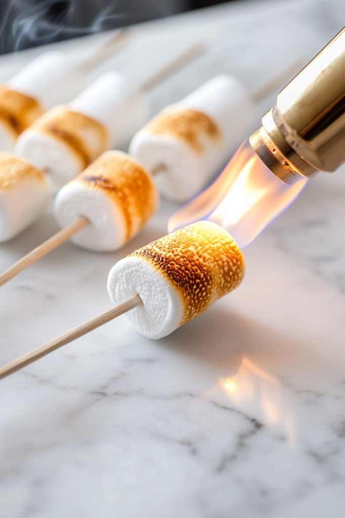 Marshmallows on skewers being carefully toasted to a golden brown using a culinary torch, highlighting the delicate process of achieving the perfect char.