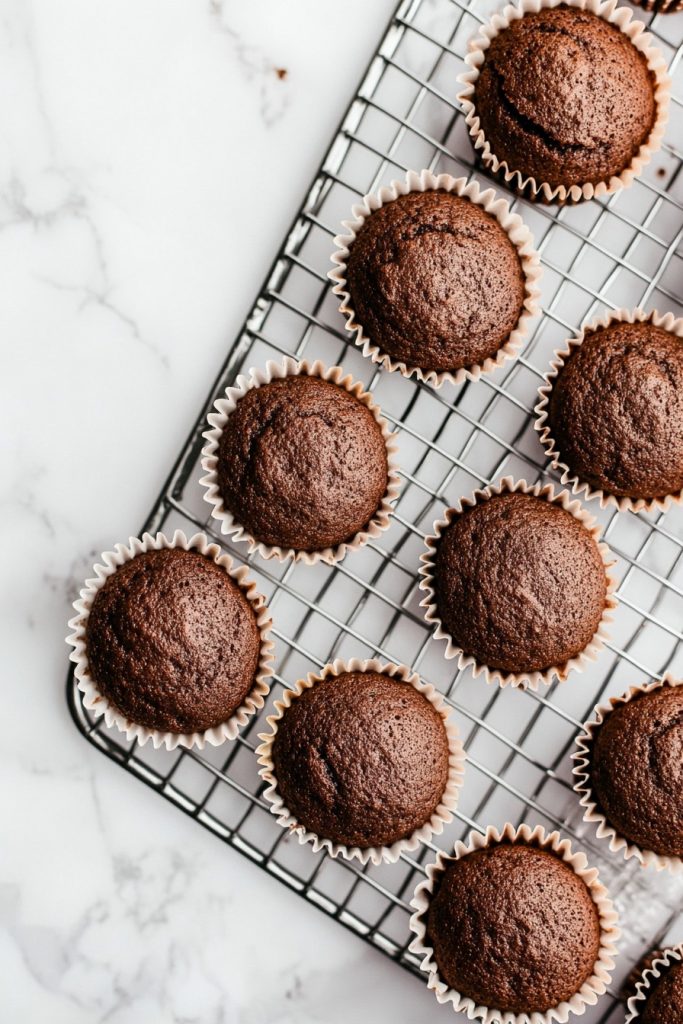 Freshly baked chocolate cupcakes arranged neatly on a cooling rack, showing their moist and spongy texture, ready for frosting.