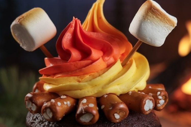 A campfire-inspired cupcake creatively designed with vivid flames of red, orange, and yellow frosting atop a rich, dark chocolate base. The cupcake is encircled by pretzel sticks resembling logs and topped with a perfectly toasted marshmallow on a skewer, set against a backdrop of a blazing campfire.