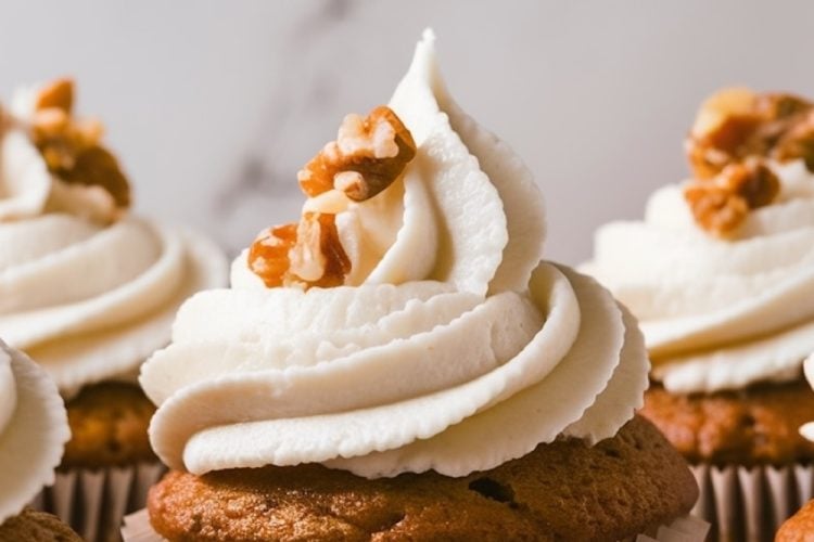 A close-up of a carrot cupcake topped with a swirl of creamy white frosting and a single walnut piece, set against a soft-focus background, highlighting the texture of the frosting and the moistness of the cake.