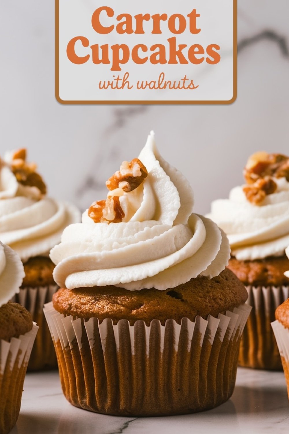 A close-up of a carrot cupcake topped with a swirl of creamy white frosting and a single walnut piece, set against a soft-focus background, highlighting the texture of the frosting and the moistness of the cake.