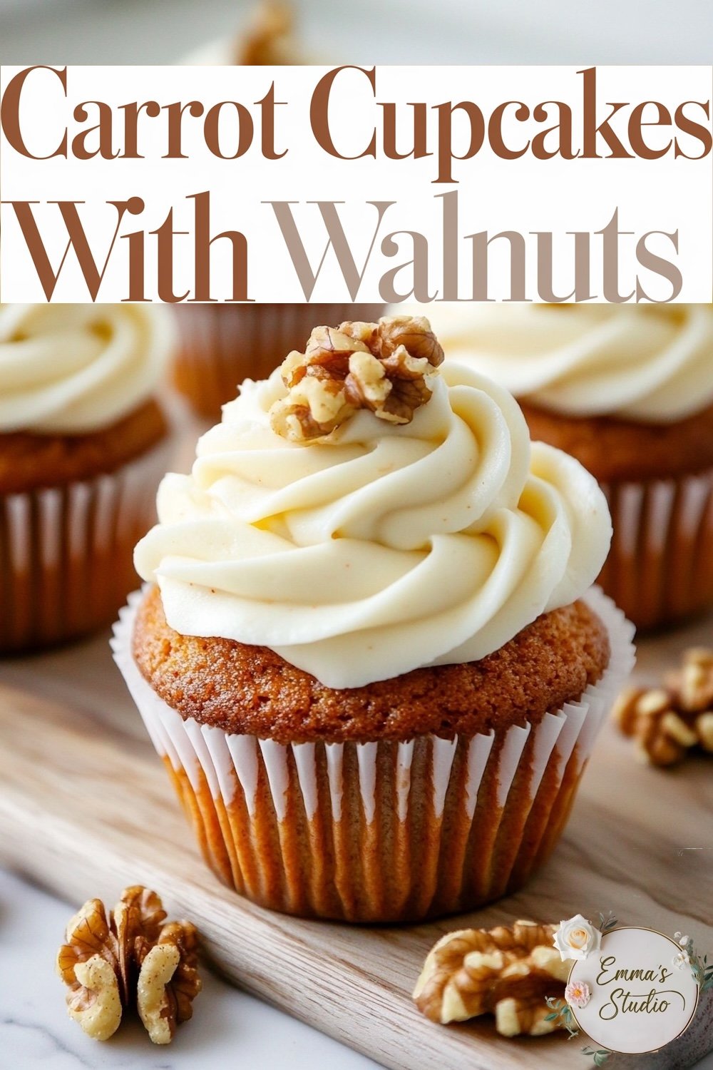 A single carrot cupcake with a luxurious white frosting swirl, topped with crushed walnuts, presented on a clean, white surface, focusing on the elegant presentation and inviting texture.