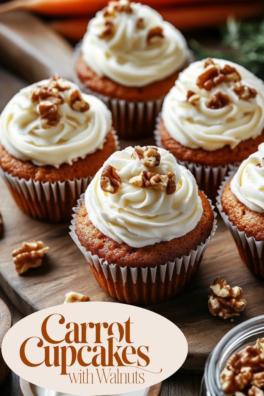 Multiple carrot cupcakes with rich, creamy frosting, each topped with crunchy walnut pieces, displayed on a rustic wooden table, emphasizing their homemade appeal and the generous topping.