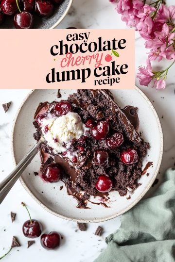 A top-down view of a plate featuring a decadent chocolate cherry dump cake topped with vanilla ice cream. Rich chocolate crumbles and juicy cherries are scattered around the plate, accompanied by pink flowers in the background. The text overlay reads "Easy Chocolate Cherry Dump Cake Recipe.