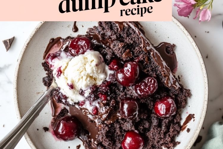 A top-down view of a plate featuring a decadent chocolate cherry dump cake topped with vanilla ice cream. Rich chocolate crumbles and juicy cherries are scattered around the plate, accompanied by pink flowers in the background. The text overlay reads "Easy Chocolate Cherry Dump Cake Recipe.