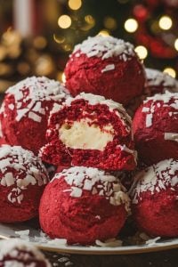 Red Velvet Snowball Cookies – 24 Days of Christmas Desserts: Festive red velvet snowball cookies coated with a layer of white chocolate and coconut flakes, showcasing a creamy filling inside. These eye-catching red treats, from "24 Days of Christmas Desserts," are perfect for holiday gatherings, offering a delicious mix of textures and flavors that celebrate the season.