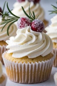 Vanilla Cupcakes with Sugared Cranberries and Rosemary – 24 Days of Christmas Desserts: Elegant vanilla cupcakes topped with swirls of vanilla buttercream, sugared cranberries, and fresh rosemary sprigs. These winter-inspired cupcakes from "24 Days of Christmas Desserts" bring a frosty, festive touch to any holiday celebration.