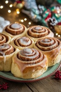 Cinnamon Rolls with Glaze – 24 Days of Christmas Desserts: Freshly baked cinnamon rolls generously drizzled with sweet glaze, perfect for Christmas morning or a cozy winter breakfast. These soft, swirled rolls from "24 Days of Christmas Desserts" are set against a festive background of holiday lights, making them a comforting treat to enjoy during the holiday season.