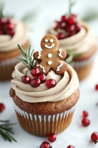 Gingerbread Cupcakes with Cinnamon Buttercream and Pomegranate – 24 Days of Christmas Desserts: Spiced gingerbread cupcakes topped with swirls of cinnamon buttercream, pomegranate seeds, and a mini gingerbread man cookie. This holiday-inspired treat from "24 Days of Christmas Desserts" captures the cozy flavors of the season, accented with a sprig of fresh rosemary for a festive touch.