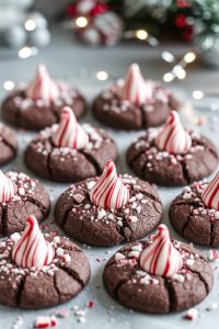 Peppermint Chocolate Blossom Cookies – 24 Days of Christmas Desserts: Festive chocolate blossom cookies with peppermint candy kisses on top, a cheerful holiday treat from "24 Days of Christmas Desserts." The cookies are sprinkled with crushed peppermint pieces, making them a perfect blend of rich chocolate and refreshing mint, ideal for Christmas cookie exchanges and dessert platters.
